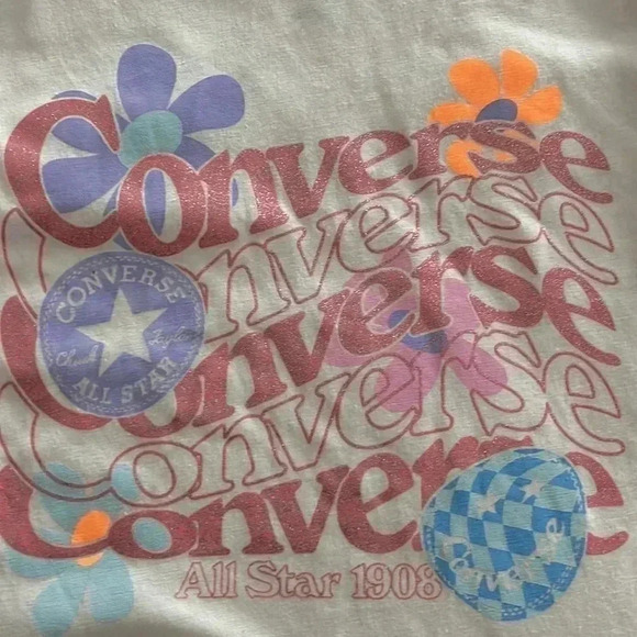 Converse Pink White Graphic Color Block Cropped Boxy Tee Girls Medium 10‑12 - Picture 3 of 7